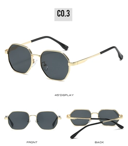 Detailed views of square metal frame sunglasses with grey lenses and gold temples