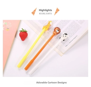Detail of cartoon animal gel pens with 3D lion, panda, and deer toppers for cute stationery