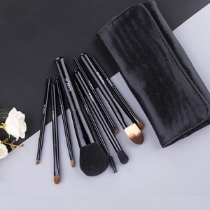 Professional 9-piece makeup brush set with pony hair and black travel folding pouch