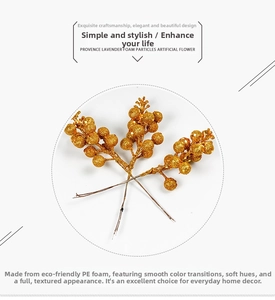 Detailed view of golden glitter berry branch made of eco-friendly PE foam material