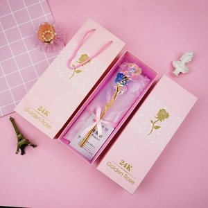 Charming 24K gold foil iridescent rose with elegant pink gift box and matching carrier bag