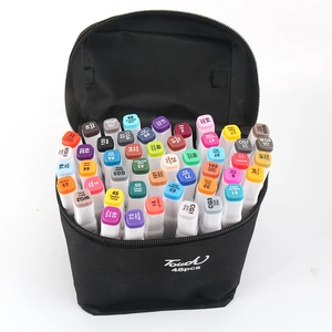 Detailed top view of 48 colored markers neatly organized in a black zippered pouch