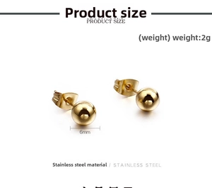 Detailed view of 6mm solid gold-plated stainless steel ball earrings with specifications