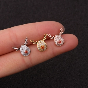 Three deer-shaped stainless steel stud earrings in silver, gold, and rose gold with zircon