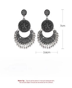 Detailed size specifications for bohemian crescent moon and sun fringe drop earrings