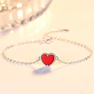 925 Sterling Silver Red Heart Bracelet For Women Enamel Minimalist Heart Pendant Bracelet With Beaded Edge Fashion Jewelry