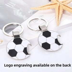 Detail view of soccer ball keychains with integrated bottle opener and metal ring