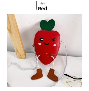 Detail of red carrot-shaped kids crossbody bag with green leaf top and woven rope straps