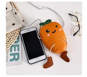 Mini carrot shaped children's shoulder bag with leaf details and woven strap