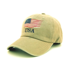 Khaki vintage USA baseball cap with American flag embroidery and curved visor