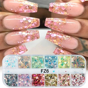 Detailed view of 12-grid nail glitter flakes with holographic butterfly heart shapes