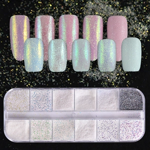 Close-up of 12-grid nail art glitter box with holographic flakes and sample nail tips