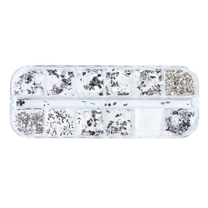 Detail view of 12-grid storage box with silver and white glitter nail art sequins