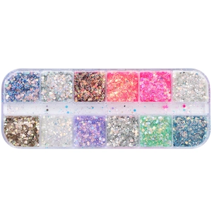 Top view of 12-grid storage box with iridescent colorful nail glitters and sequins