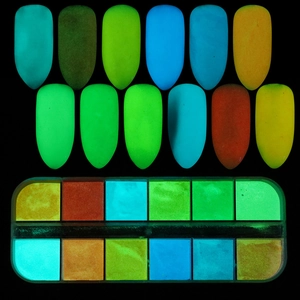Close-up of 12 colors luminous nail glitter set glowing in the dark with display tips