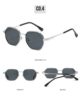 Three-way view showing front, back, and 45-degree angle of silver square sunglasses