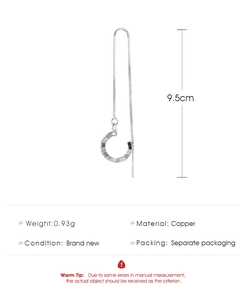 Detail showing silver long tassel earring with C-ring zircon stones and 9.5cm drop length