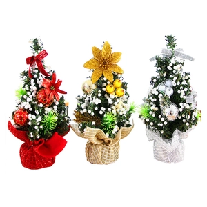Set of 3 mini 20cm artificial Christmas trees with gold, silver and red ornaments