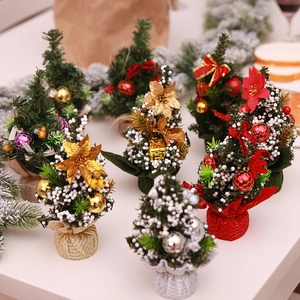 Mini Artificial Christmas Tree Ornaments PVC Plastic Fabric Burlap Base Desktop Tabletop Festive Holiday Home Decoration