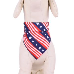 Detailed view of dog wearing the American flag star and stripes bandana scarf