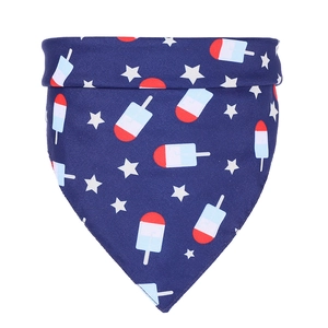 Detail of blue American flag dog bandana with white stars and popsicle patterns