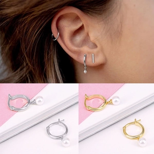 Classic S925 silver and gold hoop earrings with freshwater pearls for women