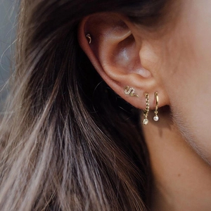 S925 silver snake stud earring and pearl hoop set with cubic zirconia in gold