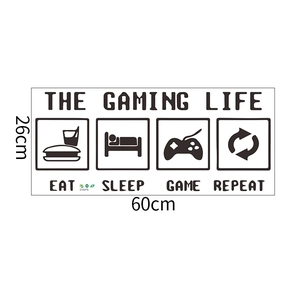 Detail of gaming wall sticker featuring 'The Gaming Life' text, sized 60cm by 26cm