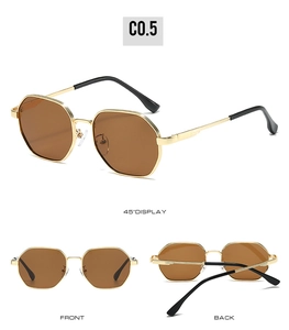 Detail view of square metal sunglasses in gold finish with dark brown lenses