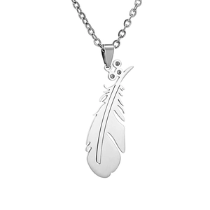 Polished silver stainless steel feather pendant necklace with crystals on O-chain