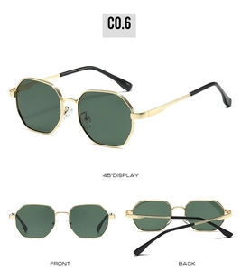 Three views of square metal sunglasses C0.6 showing front, back, and 45-degree angles