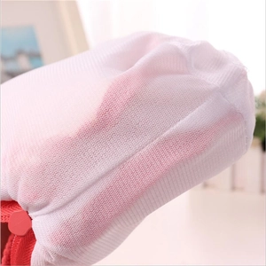 Close-up of durable white mesh laundry bag with protective red zipper for delicate care