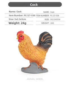 Detailed macro view of a realistic toy rooster showing feathers, size 5x2.5x5cm and weight 24g
