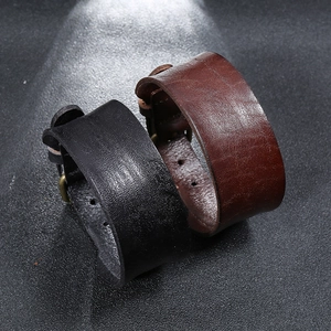 Retro wide leather wristband bracelets in black and dark brown with metal buckles