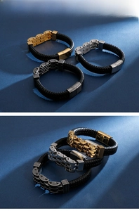 Macro detail of braided leather bracelets with industrial magnetic metal buckles in three colors