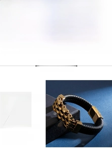 Detailed view of black braided leather bracelet with golden 316L stainless steel magnetic clasp