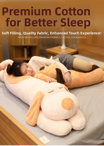 Detail showing the long plush dog pillow with premium fabric texture in a bedroom setting