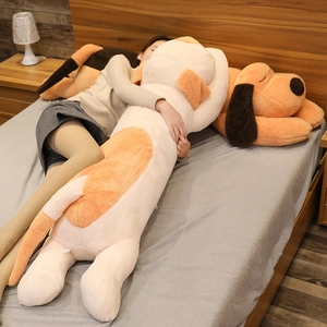 Cute large plush puppy dog sleeping pillow doll in white and brown soft fabric