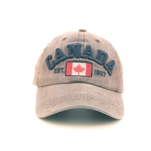 Washed grey cotton baseball cap featuring Canada 1867 embroidery and flag patch