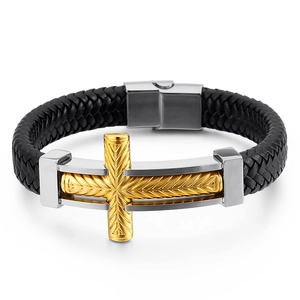Men's punk braided leather bracelet featuring a gold and silver stainless steel cross