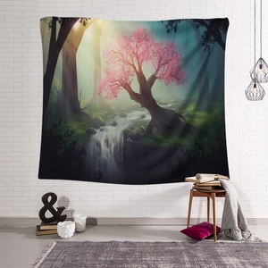 Bohemian dreamy pink forest waterfall tapestry for serene living room wall decor