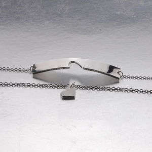 Polished stainless steel couple bracelet set with heart bar and small heart pendant