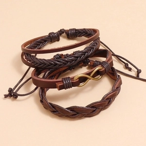 Retro multi-layer brown braided leather bracelet set featuring bronze infinity charm