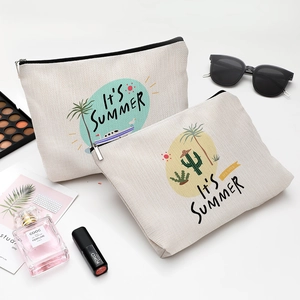 Trousse De Maquillage En Coton Et Lin Imperméable Imprimé Vacances D Été Pochette De Toilette Voyage Beige