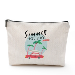 Trousse de maquillage en coton et lin imperméable avec illustration de vacances d'été