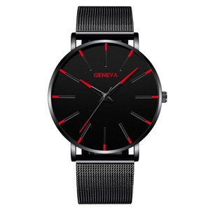Reloj minimalista negro de malla de acero con índices rojos y logo de Geneva