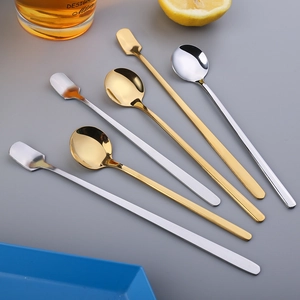 Stainless Steel Stirring Spoons Long Handle Mixing Spoon Round Square Head For Coffee Tea Dessert Ice Cream Mirror Polished