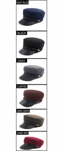 Flat top navy hats in six colors with decorative leather brims and vintage metal buckles