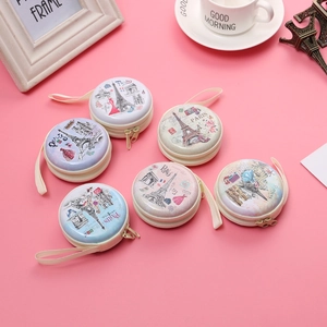 Round Tinplate Coin Purse Mini Earphone Storage Bag With Zipper Cute Cartoon Pattern Portable Pouch For Women Kids