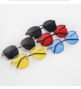 Detailed collection of square metal sunglasses in various tinted ocean lenses and colors